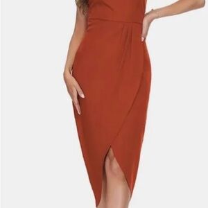 CMZ2005 Rust Orange Midi Spaghetti Strap, V-neck backless Dress, Size Large